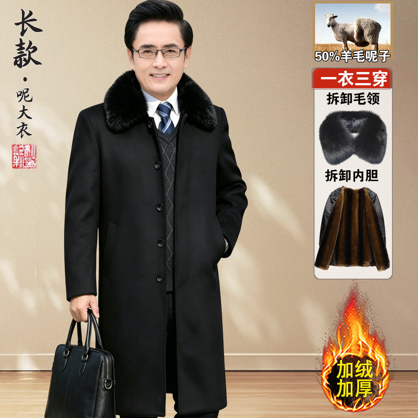 中老年毛呢大衣男长款过膝爸爸羊毛呢子外套加绒加厚爷爷冬装衣服