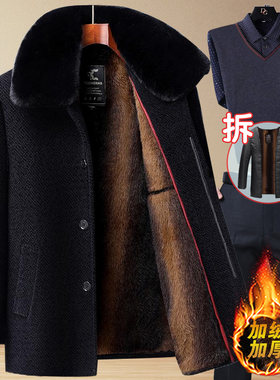中老年毛呢外套男加绒加厚爸爸秋冬季外套装老年人爷爷棉袄上衣服