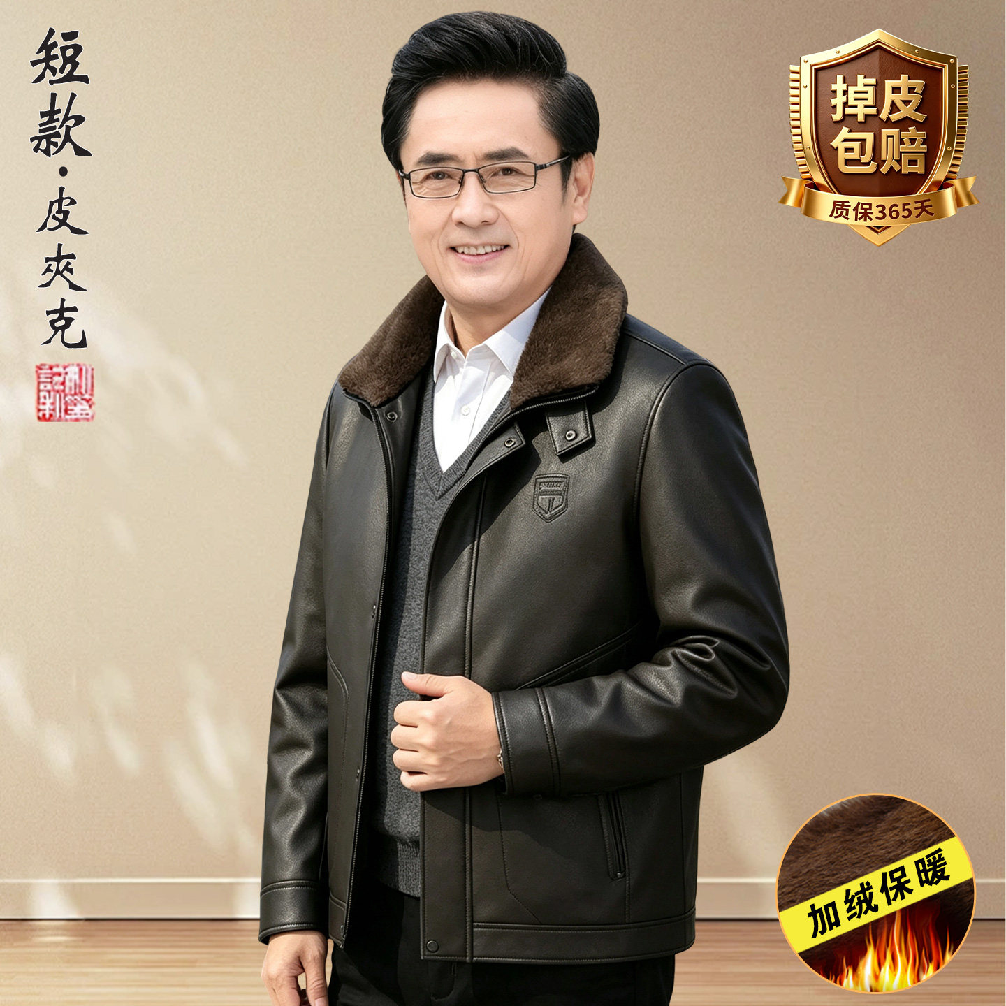 短款中老年皮衣男加绒加厚爸爸秋冬季皮夹克外套老年人爷爷皮棉袄