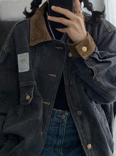 ORGEING 四季复古做旧水洗韩风灯芯绒拼接oversize牛仔外套男女款