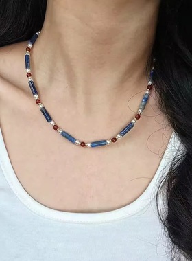 天然青金石淡水珍珠红玛瑙项链女款轻奢小众高级感锁骨链毛衣链