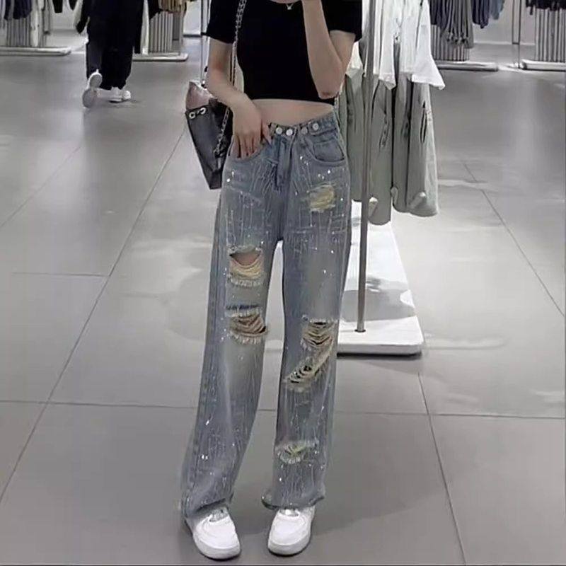 拖地2023钻闪ins设计感夏季直筒休闲裤新款牛仔裤阔腿破洞裤高腰,女装/女士精品,牛仔裤,淘宝优惠券,粉丝福利购,淘宝优惠卷