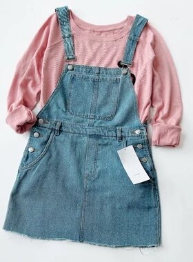 za家少女大童160码牛仔背带裙秋装洋气时髦牛仔背带短裙A字裙