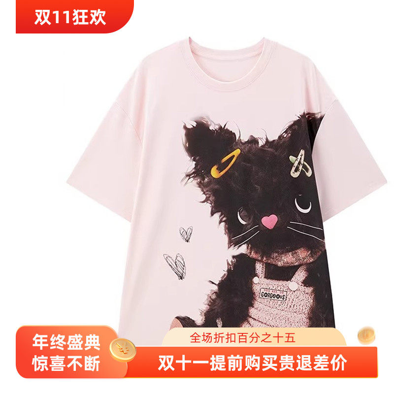 【商场同款】甜美可爱猫咪大图短袖夏季新款粉色圆领T恤C2CNF2749