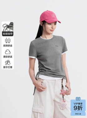 【商场同款】撞色假两件短袖女夏季新款显瘦抽绳T恤女C2CNG2311