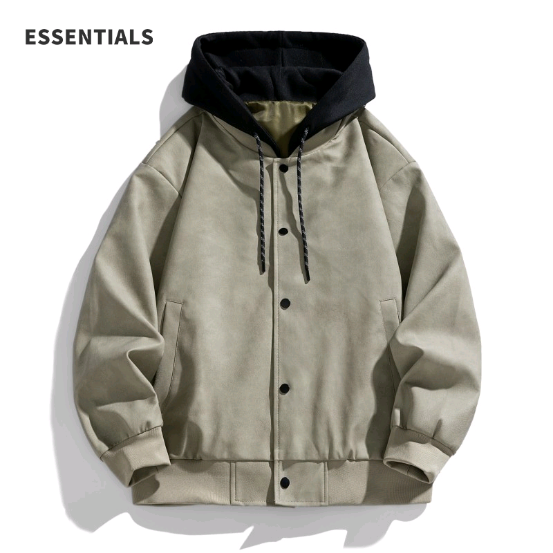 ESSENTIALS假两件连帽外套男士新款青少年男生宽松复古皮衣夹克