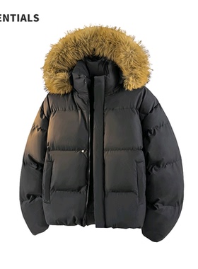 ESSENTIALS冬季潮牌毛领连帽加厚棉服男女复古情侣保暖百搭棉衣
