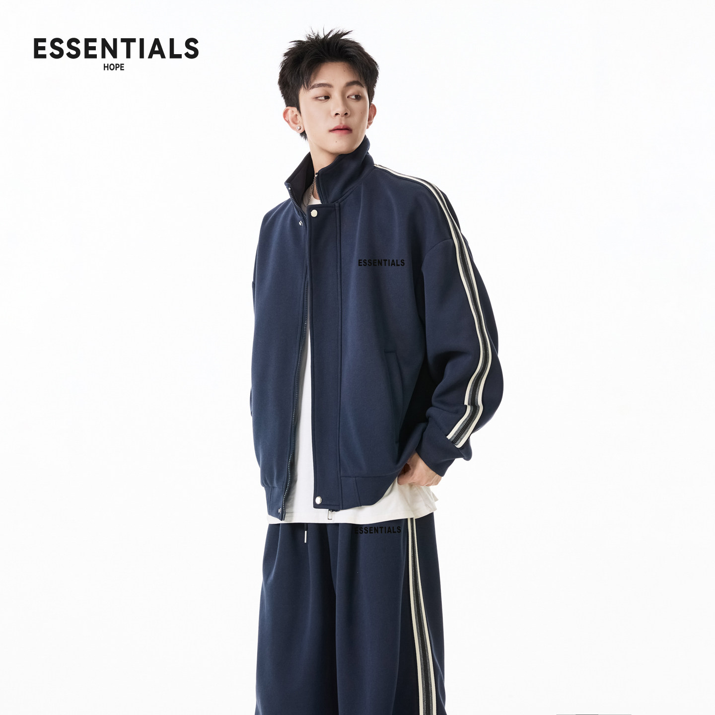 ESSENTIALS HOPE运动风条纹开衫卫衣套装男女宽松休闲卫裤两件套