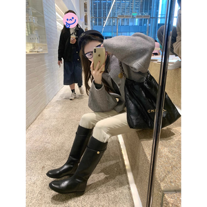牛皮版~韩国真皮金扣不过膝显瘦长筒靴女高筒骑士靴中筒平底靴子