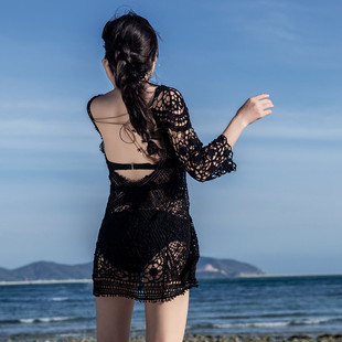 比基尼三件套罩衫 温泉外搭沙滩海边防晒泳衣 夏性感镂空蕾丝中长款