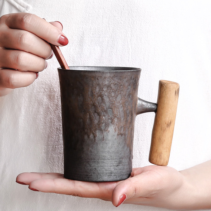 创意手工木柄窑变马克杯带碟勺陶瓷茶杯子简约日式办公水咖啡杯