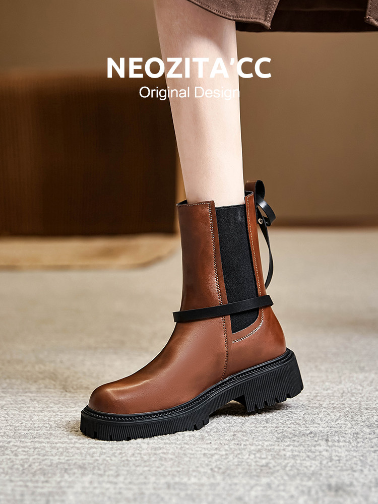 가죽 굴뚝 부츠 두꺼운 밑창 미드 송아지 마틴 부츠 2024 가을 신작 첼시 숏 부츠 영국 가을 겨울 여성 신발