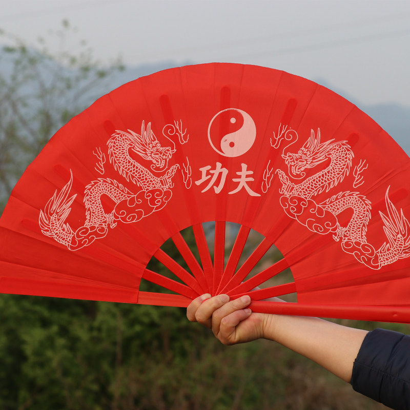 功夫扇子塑料骨响扇太极扇红色武术扇太极演出木兰扇双扇折扇