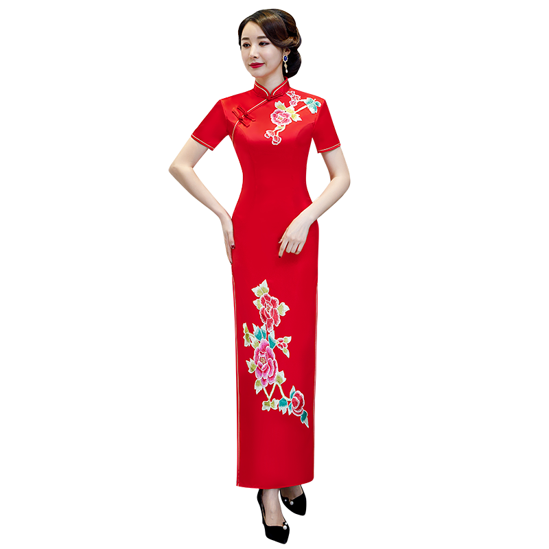 长款走秀表演旗袍新式长款大码中袖开衩合唱团服礼仪祺袍演出服女