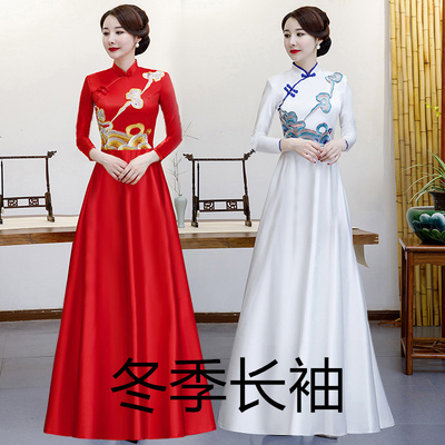 长袖大摆青花瓷长款礼仪服迎宾礼仪小姐服装酒店演出服旗袍合唱服