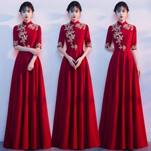 旗袍大合唱团演出服长裙女新中式民歌独唱晚礼服酒红色指挥比赛服