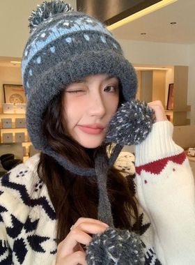 毛线帽女大头围冬季防寒保暖护耳针织冷帽高级感蓝色套头包包帽