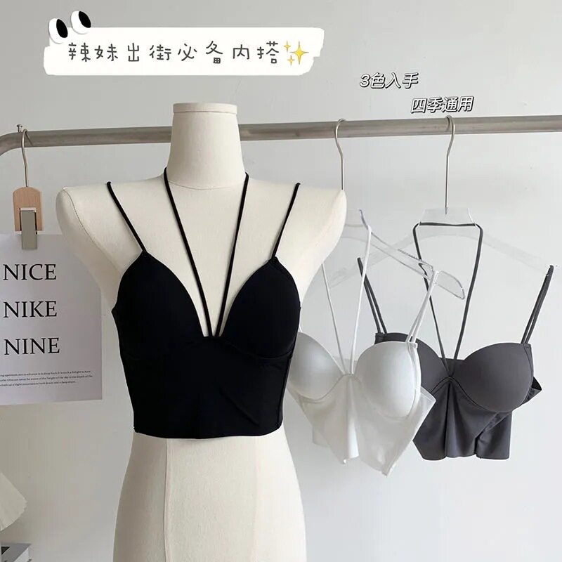 夏季辣妹冰丝美背挂脖小吊带背心女内搭带胸垫打底内衣外穿裹胸潮