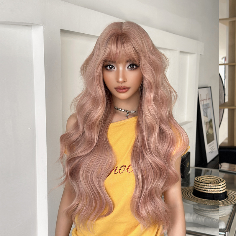 假发女长卷发西柚粉色整顶全头套秋季新款网红化纤仿真头套高温丝