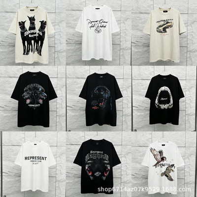 跨境专攻美式高街REPRESENT潮牌男女同款重磅前后字母印花短袖T恤