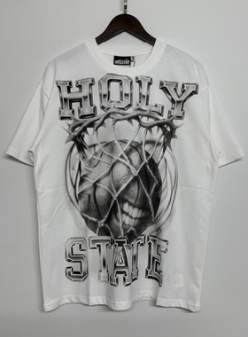 高版本hell地狱之星篮球骷髅头印花短袖美式复古高街宽松短袖T恤