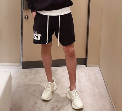 RRR123 美式潮牌FOG高街宽松运动五分裤做旧洗水印花抽绳短裤男