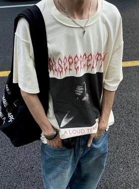 False Perception匕首印花水洗磨损破坏复古短袖反车线宽松T恤男