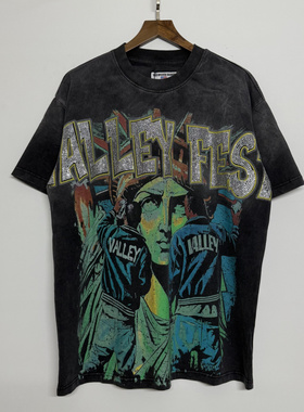 高品质vale自由女神像烫钻字母美式高街复古水洗做旧短袖T恤男女