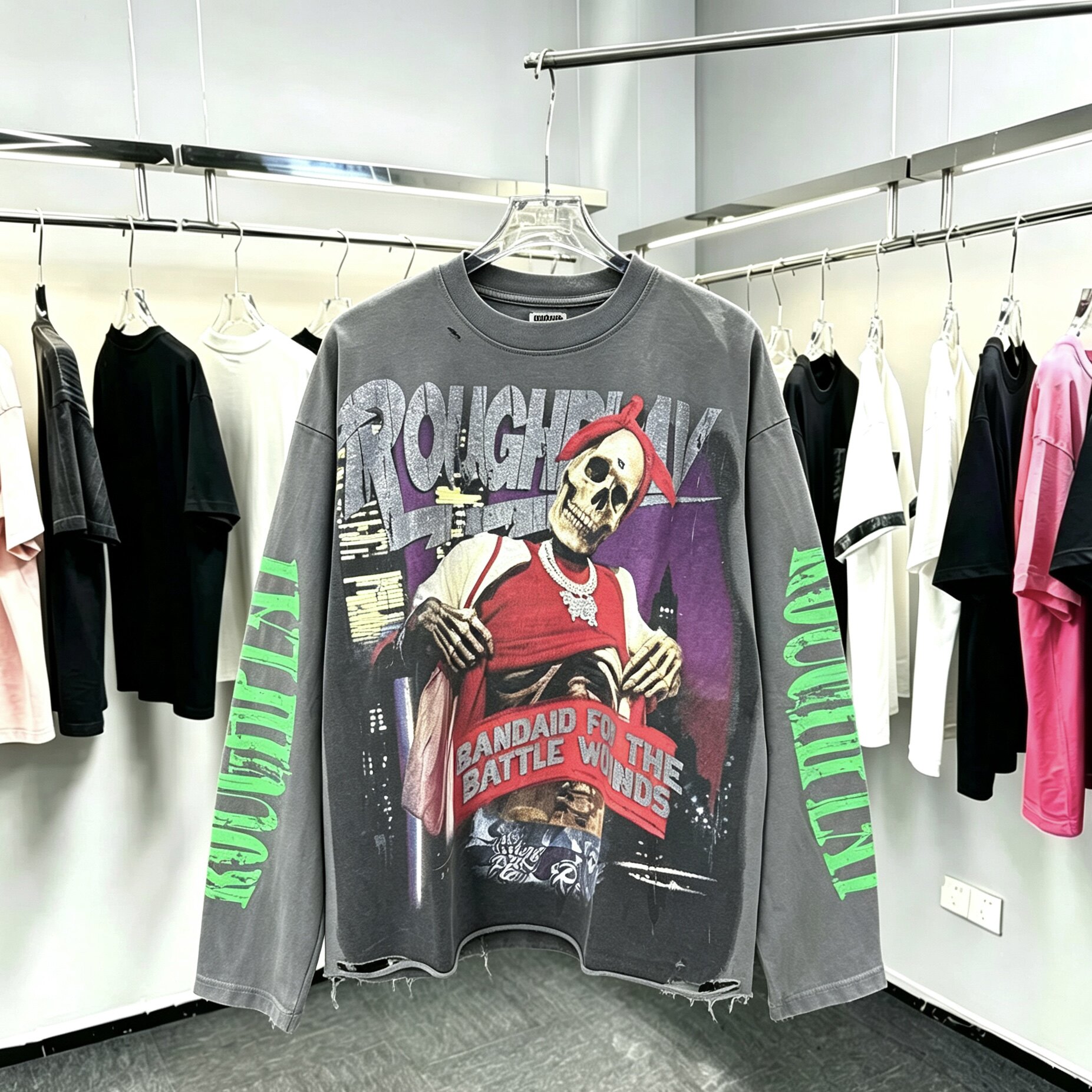 ROUGHPLAY做旧破坏长袖T恤美式复古骷髅说唱印花高街宽松打底衫潮