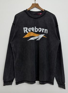 False Perception水洗做旧褪色复古字母弹幕裂纹印花圆领长袖T恤