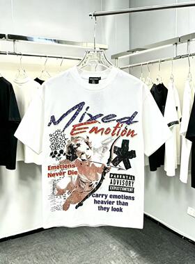 高街风MIXED EMOTION天使烫钻印花T恤美式复古oversize短袖上衣夏