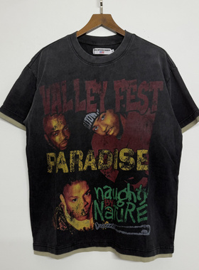高版本vale黑人说唱歌手人物印花水洗做旧复古高街宽松短袖T恤男