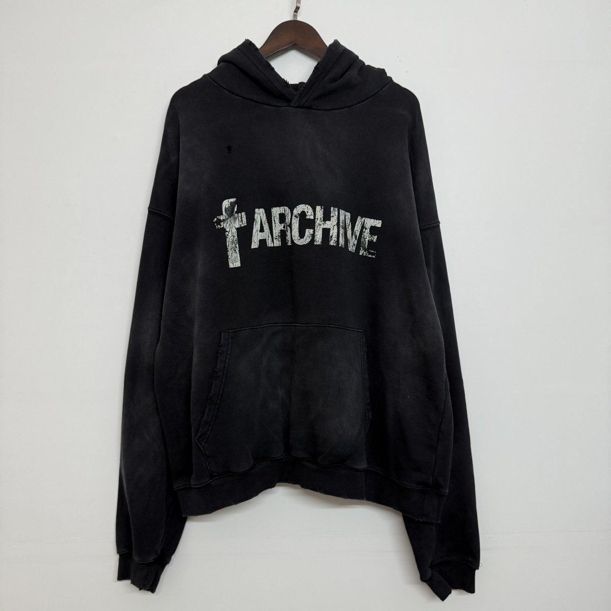 Far Archive 字母印花美式高街水洗做旧破洞休闲宽松连帽卫衣帽衫