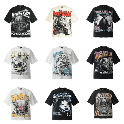 正确版Hell地狱之星美式高街时尚街舞小男孩科幻印花短袖T恤宽松
