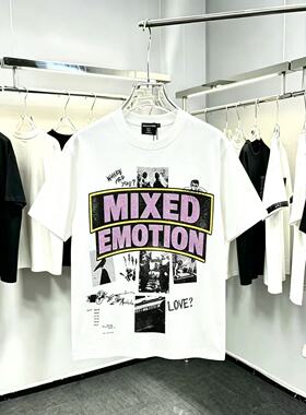 美式高街MIXED EMOTION烫钻印花短袖T恤男女潮牌宽松情侣半袖上衣