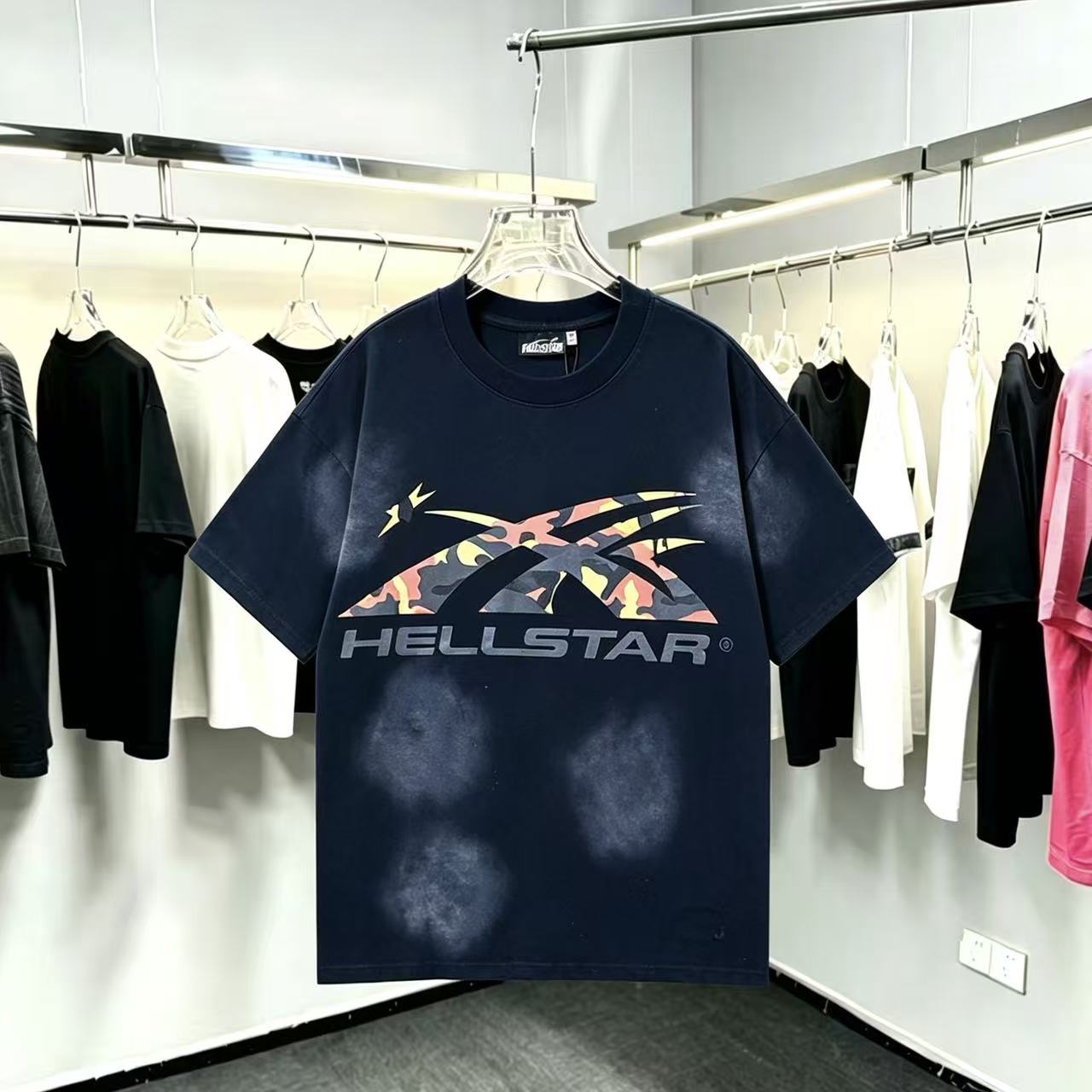 Hell地狱之星水洗做旧迷彩字母短袖欧美高街宽松百搭重磅T恤男女