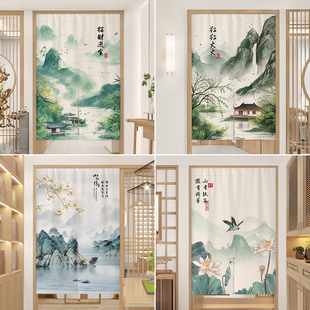中式门帘隔断帘中国风山水画挂帘餐厅包间遮挡半帘卫生间半截布帘