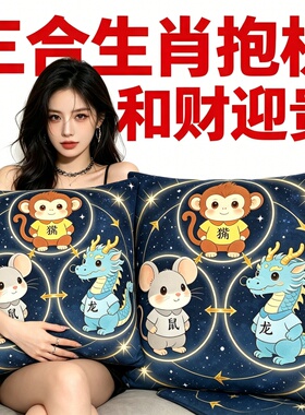 三合生肖抱枕客厅靠枕办公室腰靠卡通可爱蓝色创意抱枕和财迎贵