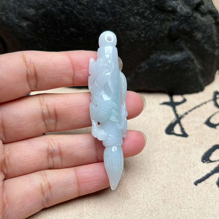 缅甸冰糯A货翡翠毛笔吊坠送证书