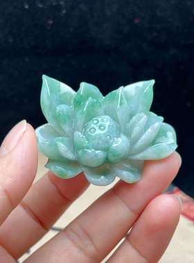 缅甸翡翠A货冰糯种绿色莲花吊坠手工雕刻一路连科挂件毛衣链项坠