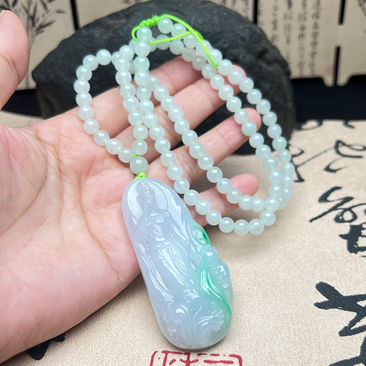 观音吊坠缅甸翡翠A货老坑精雕阳绿玉观音菩萨挂件项坠毛衣链保真