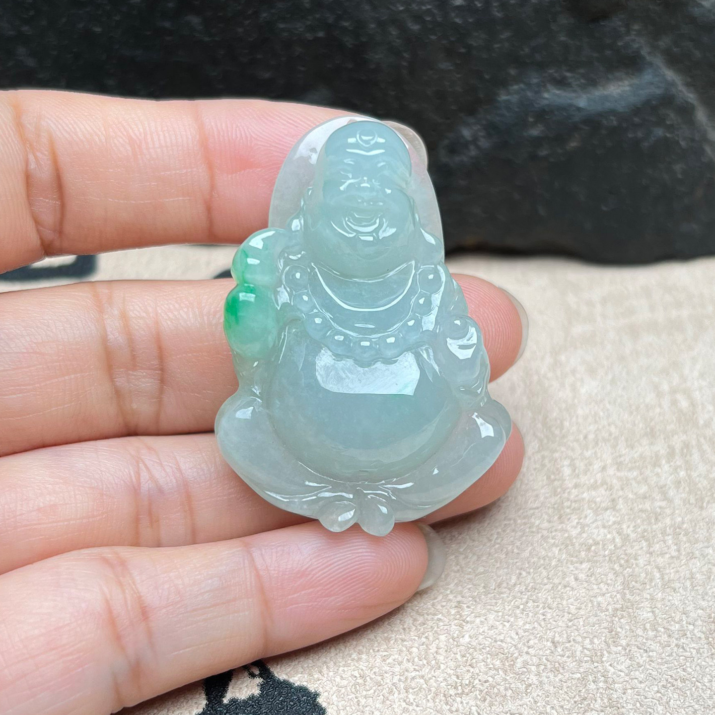 天然缅甸翡翠A货佛公吊坠巧色雕刻福禄寿笑佛玉石佛公挂件男女款