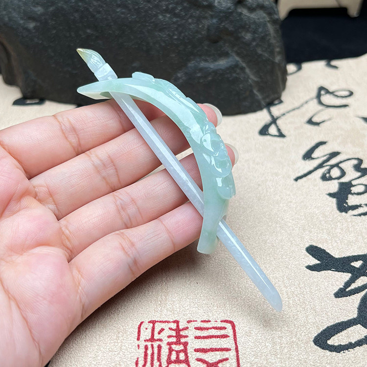 缅甸翡翠A货年年有余发冠玉簪子一套手工精雕女士玉石发饰送证书