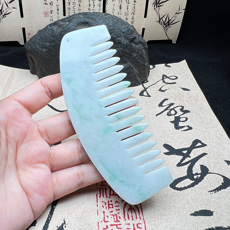 缅甸翡翠A货冰糯飘蓝花玉梳保真