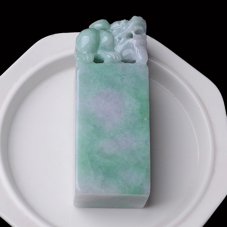 玉石寨玉器 翡翠貔貅印章可刻字A货保真老坑冰糯种皮丘玉章送证书