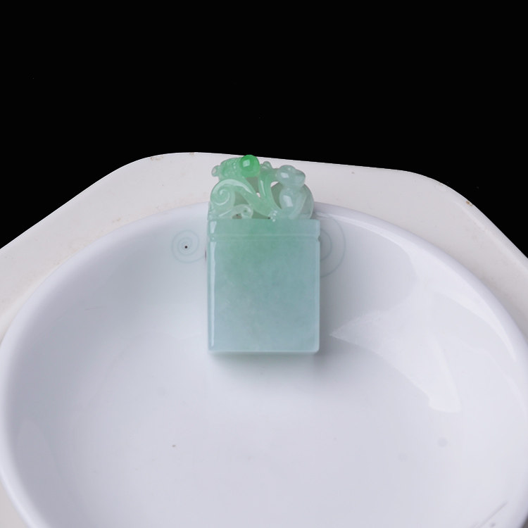 玉石寨玉器 老坑阳绿翡翠草龙印章缅甸保真冰糯种a货小玉章可刻字