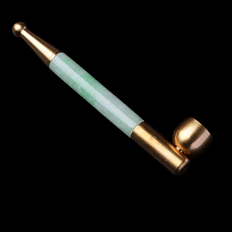 玉石寨玉器 老坑飘花翡翠烟斗缅甸冰糯种老坑A货铜嘴烟枪四会工男