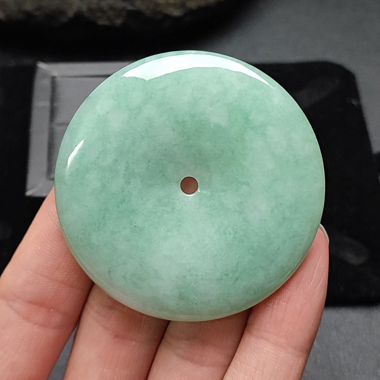 玉石寨玉器53mm平安扣挂件缅甸保真冰糯种老坑a货飘花玉扣项坠男