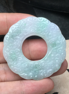仿古雕花春彩圆环挂件缅甸保真老坑A货冰糯种翡翠玉扣项坠送证书