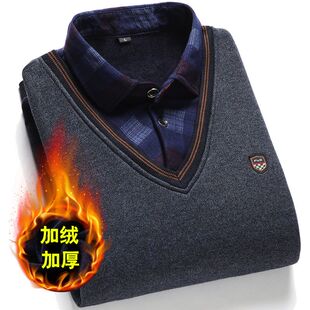 加绒加厚假两件针织衫中老年套头毛衣衬衫领长袖打底衫男保暖上衣
